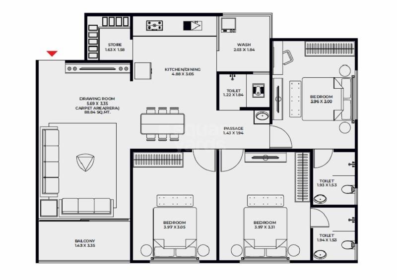 Floor plan of 3 BHK 956 Sq. Ft. Apartment in Shiv Swagatam Elenza, Ahmedabad