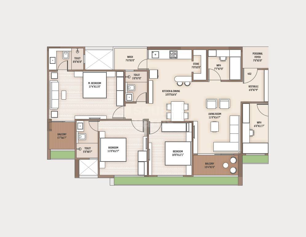 Floor plan of 3 BHK 1089 Sq. Ft. Apartment in Shivalik Sharda Harmony, Ahmedabad