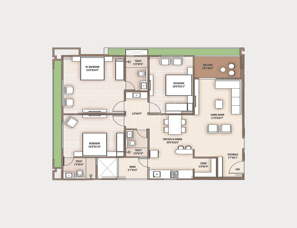 Floor plan of 3 BHK 1114 Sq. Ft. Apartment in Shivalik Sharda Harmony, Ahmedabad