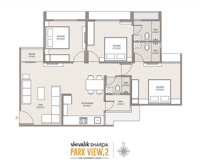 Floor plan of 3 BHK 1505 Sq. Ft. Apartment in Shivalik Sharda Park View 2, Ahmedabad