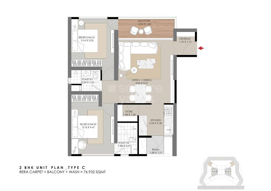 Floor plan of 2 BHK 828 Sq. Ft. Apartment in Shivalik Skyview, Ahmedabad