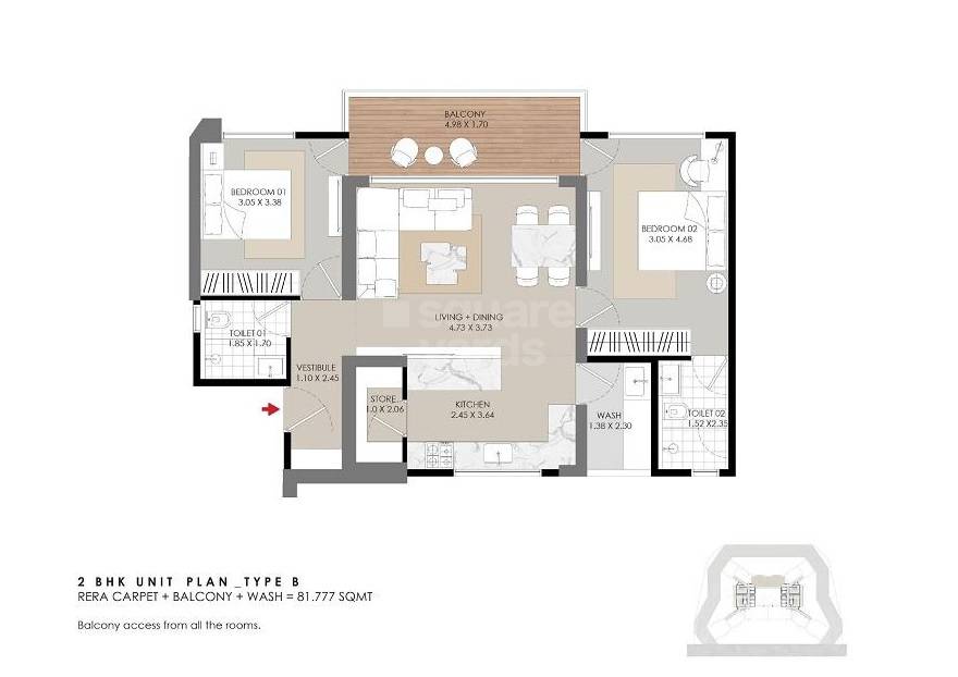 Floor plan of 2 BHK 880 Sq. Ft. Apartment in Shivalik Skyview, Ahmedabad