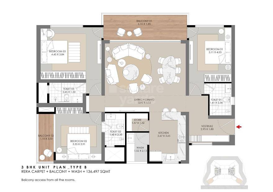 Floor plan of 3 BHK 1468 Sq. Ft. Apartment in Shivalik Skyview, Ahmedabad