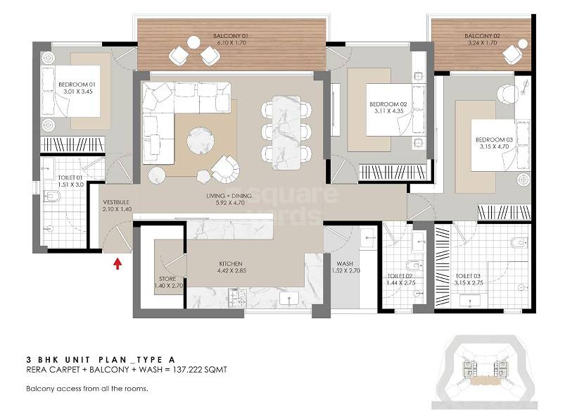 Floor plan of 3 BHK 1477 Sq. Ft. Apartment in Shivalik Skyview, Ahmedabad