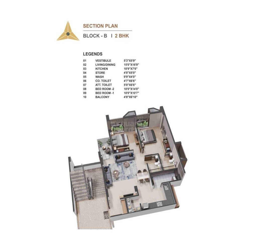 Floor plan of 2 BHK 1140 Sq. Ft. Apartment in Shivam Shreenand Atria, Ahmedabad
