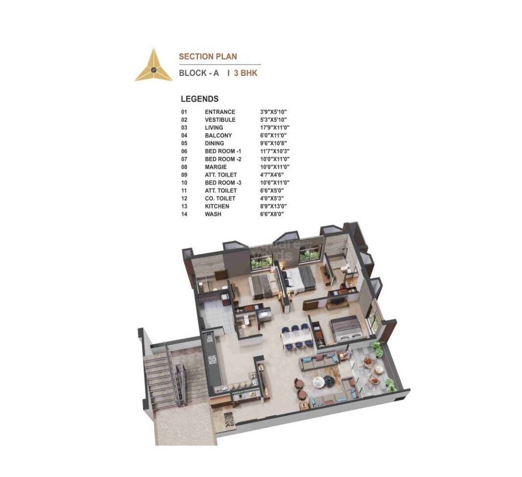 Floor plan of 3 BHK 1890 Sq. Ft. Apartment in Shivam Shreenand Atria, Ahmedabad