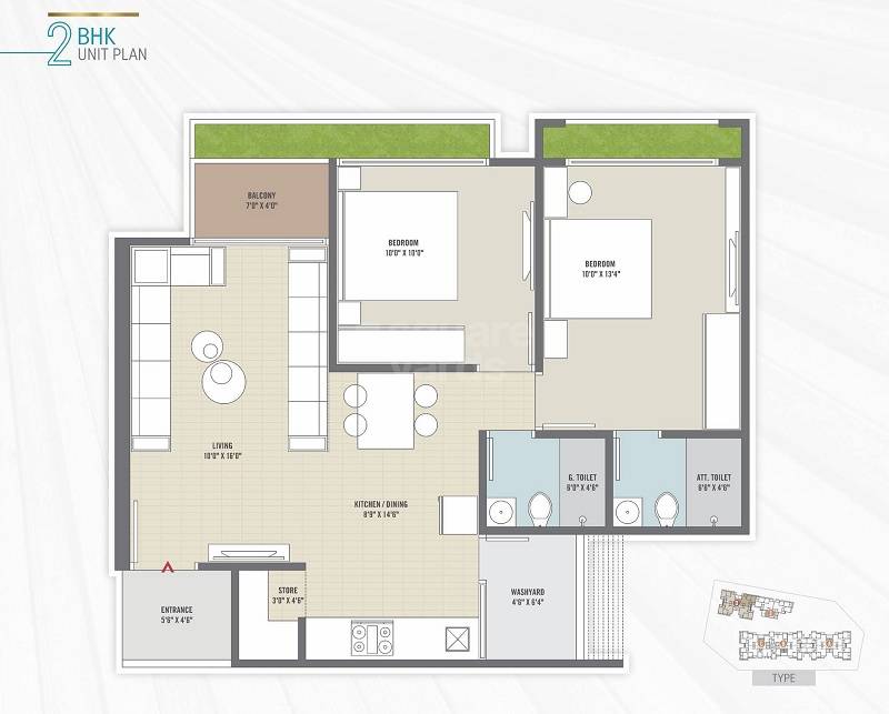 Floor plan of 2 BHK 612 Sq. Ft. Apartment in Shivay Swam Residencia, Ahmedabad