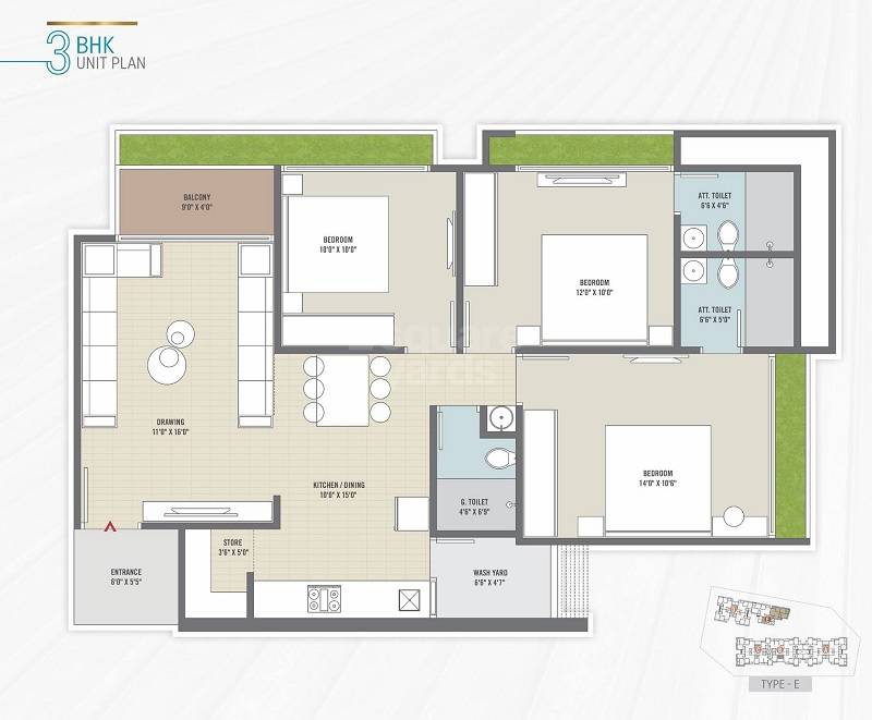 Floor plan of 3 BHK 851 Sq. Ft. Apartment in Shivay Swam Residencia, Ahmedabad