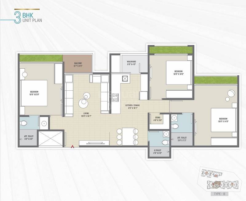 Floor plan of 3 BHK 870 Sq. Ft. Apartment in Shivay Swam Residencia, Ahmedabad
