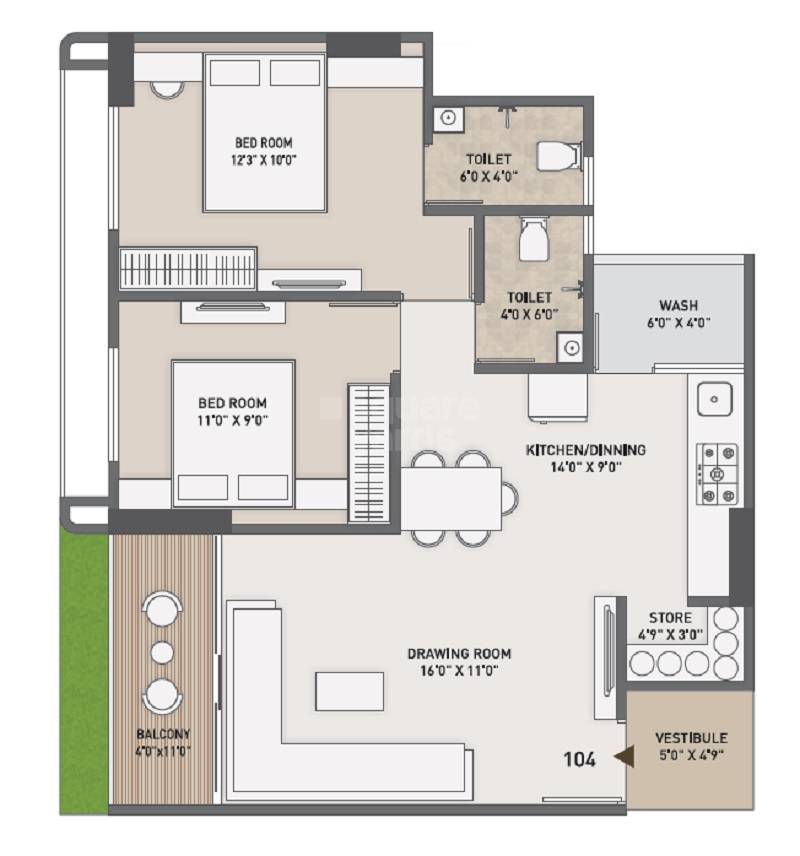Floor plan of 2 BHK 1287 Sq. Ft. Apartment in Shivman Aura Parisar, Ahmedabad
