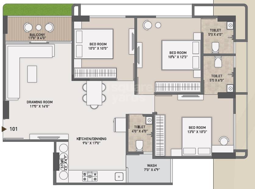 Floor plan of 3 BHK 1755 Sq. Ft. Apartment in Shivman Aura Parisar, Ahmedabad