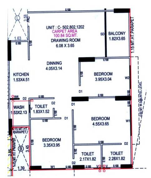 Floor plan of 3 BHK 1085 Sq. Ft. Apartment in Shivrudra Serene Heights, Ahmedabad