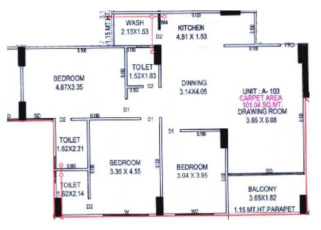 Floor plan of 3 BHK 1087 Sq. Ft. Apartment in Shivrudra Serene Heights, Ahmedabad
