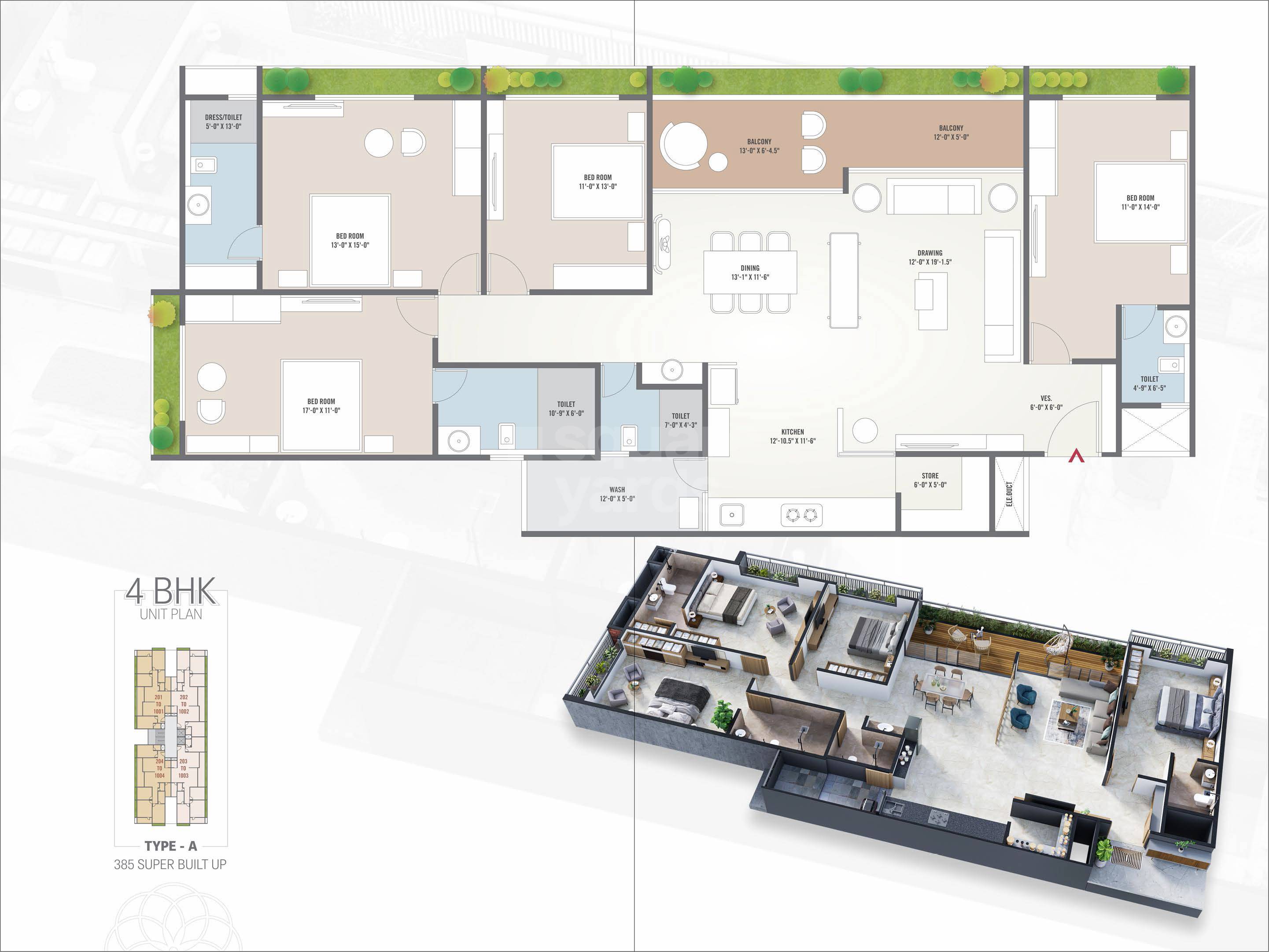 Floor plan of 4 BHK 3465 Sq. Ft. Apartment in Shlokam Sharnam, Ahmedabad