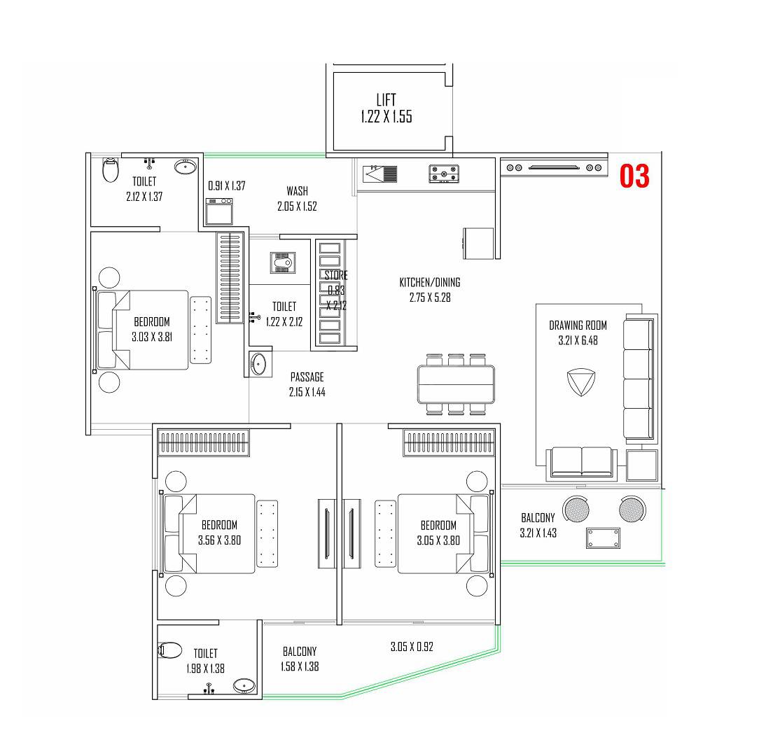 Floor plan of 3 BHK 965 Sq. Ft. Apartment in Shree Amee 98, Ahmedabad