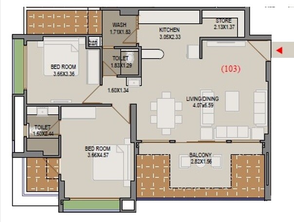Floor plan of 2 BHK 646 Sq. Ft. Apartment in Shree Kameshwar Elite 140, Ahmedabad