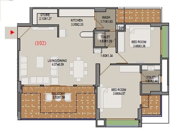 Floor plan of 2 BHK 845 Sq. Ft. Apartment in Shree Kameshwar Elite 140, Ahmedabad