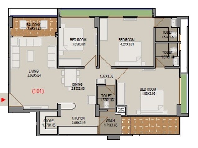 Floor plan of 3 BHK 1076 Sq. Ft. Apartment in Shree Kameshwar Elite 140, Ahmedabad