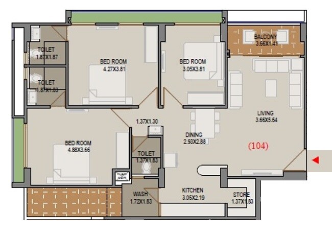 Floor plan of 3 BHK 866 Sq. Ft. Apartment in Shree Kameshwar Elite 140, Ahmedabad