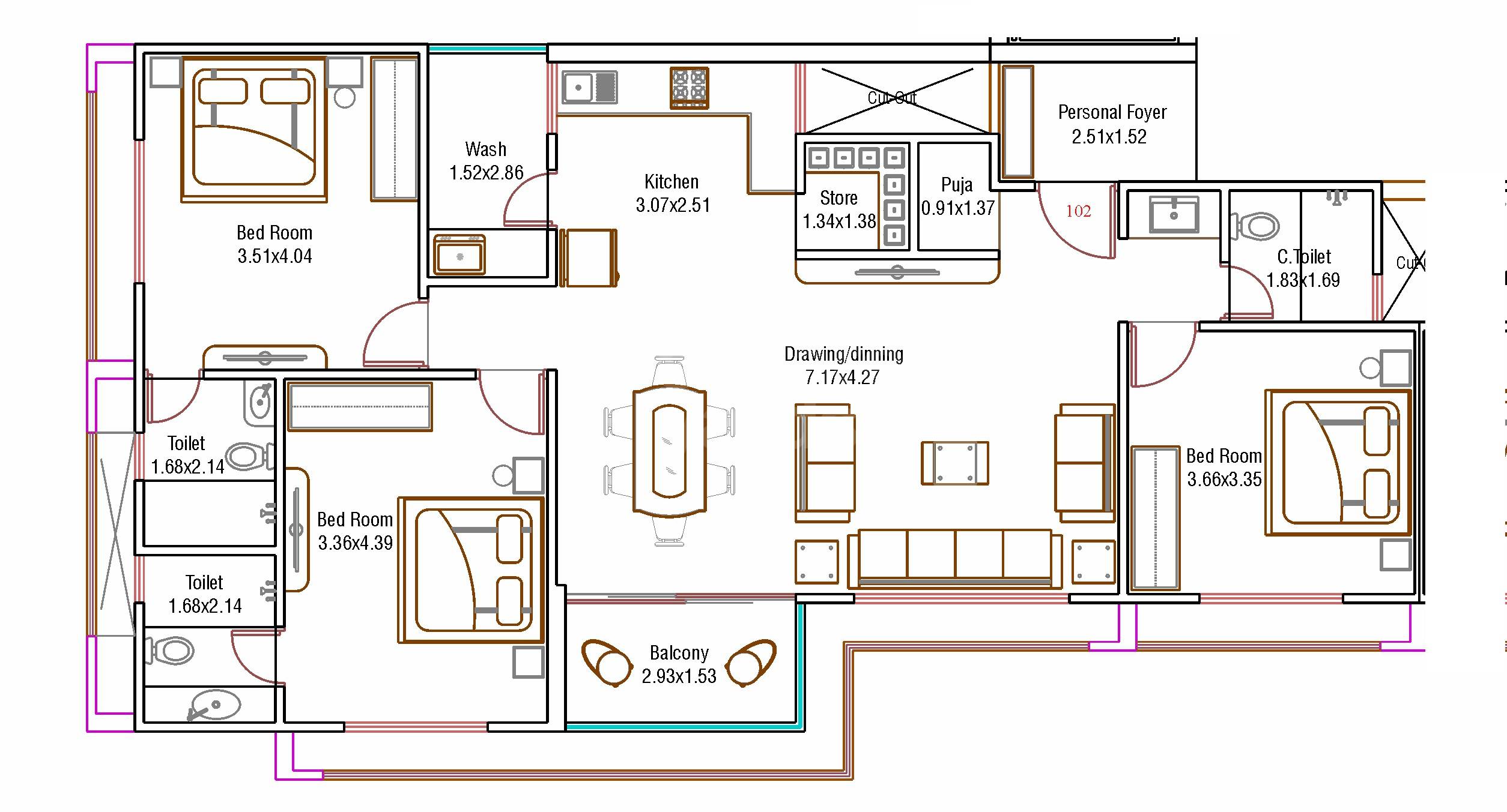 Floor plan of 3 BHK 1145 Sq. Ft. Apartment in Shree Sweven By Signature, Ahmedabad