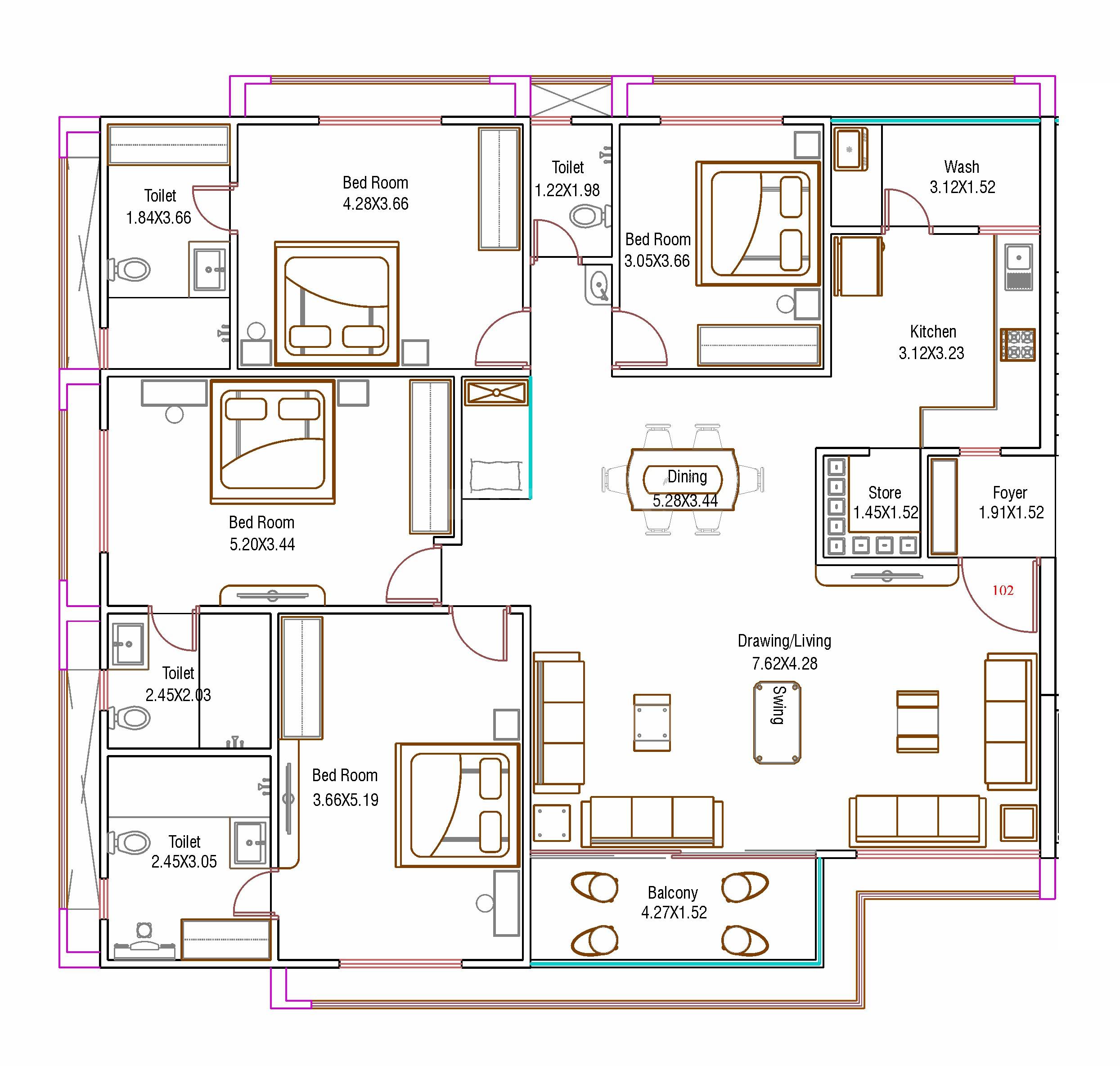 Floor plan of 4 BHK 1664 Sq. Ft. Apartment in Shree Sweven By Signature, Ahmedabad