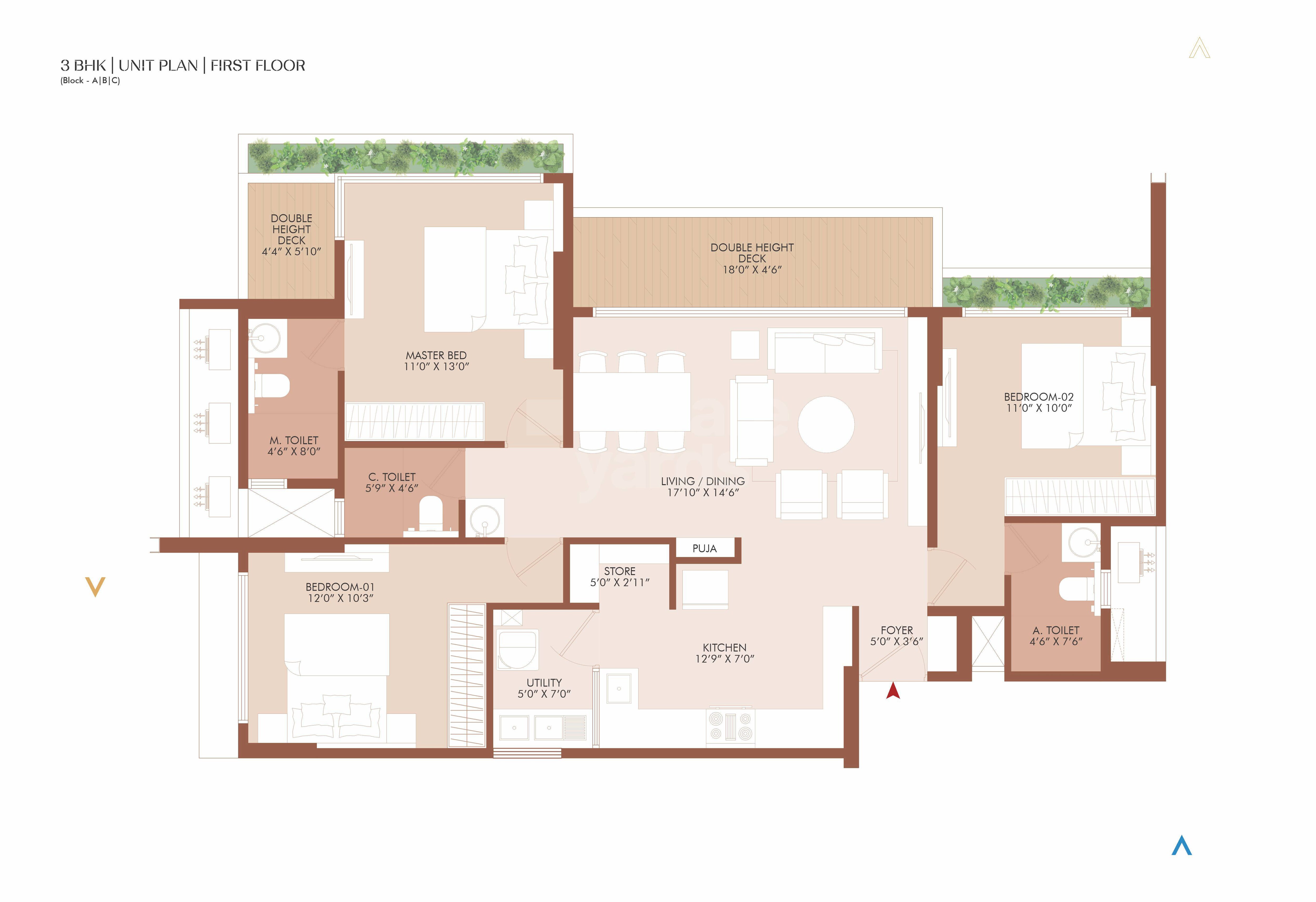 Floor plan of 3 BHK 1980 Sq. Ft. Apartment in Shreeji Anantara, Ahmedabad