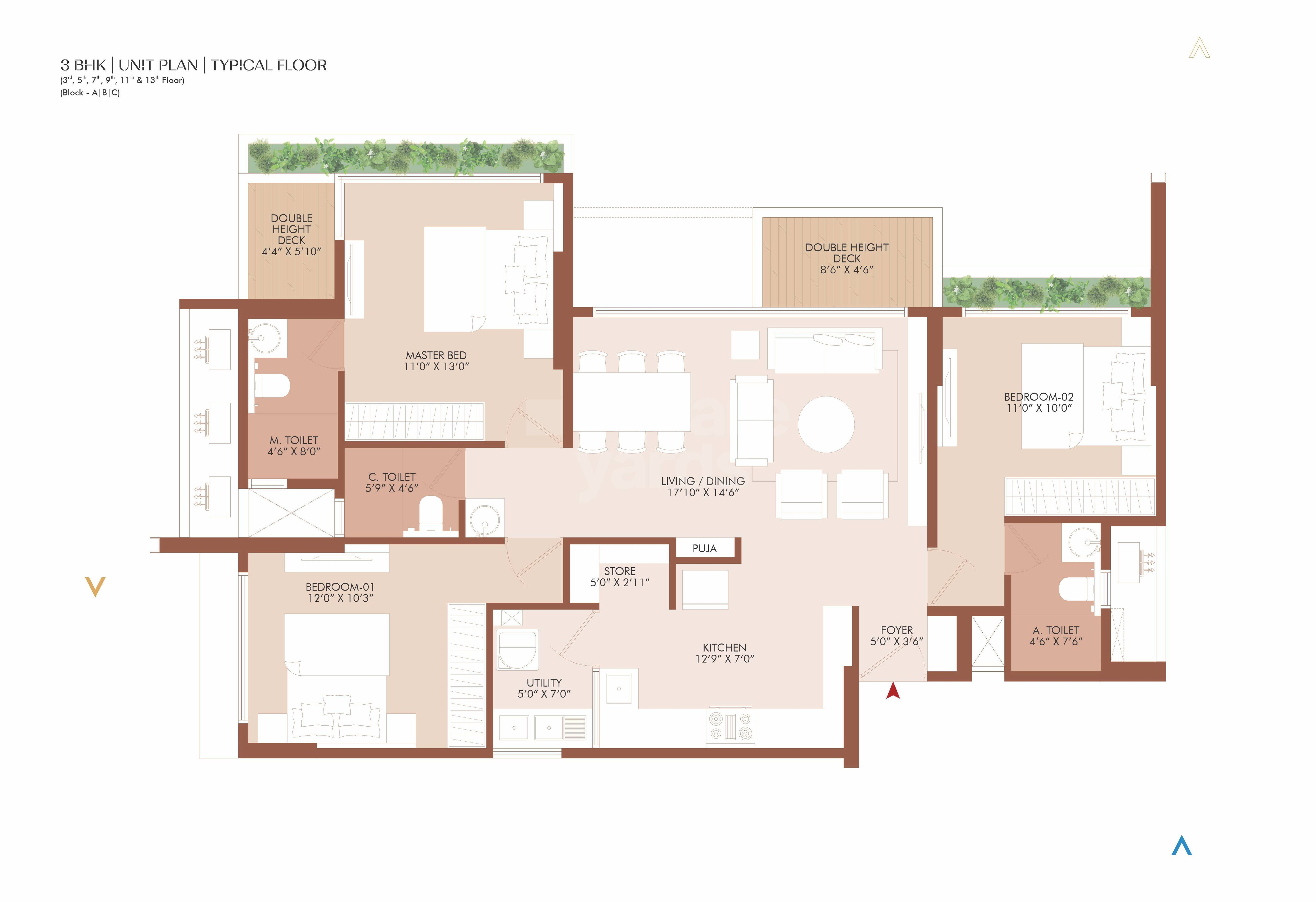 Floor plan of 3 BHK 2034 Sq. Ft. Apartment in Shreeji Anantara, Ahmedabad