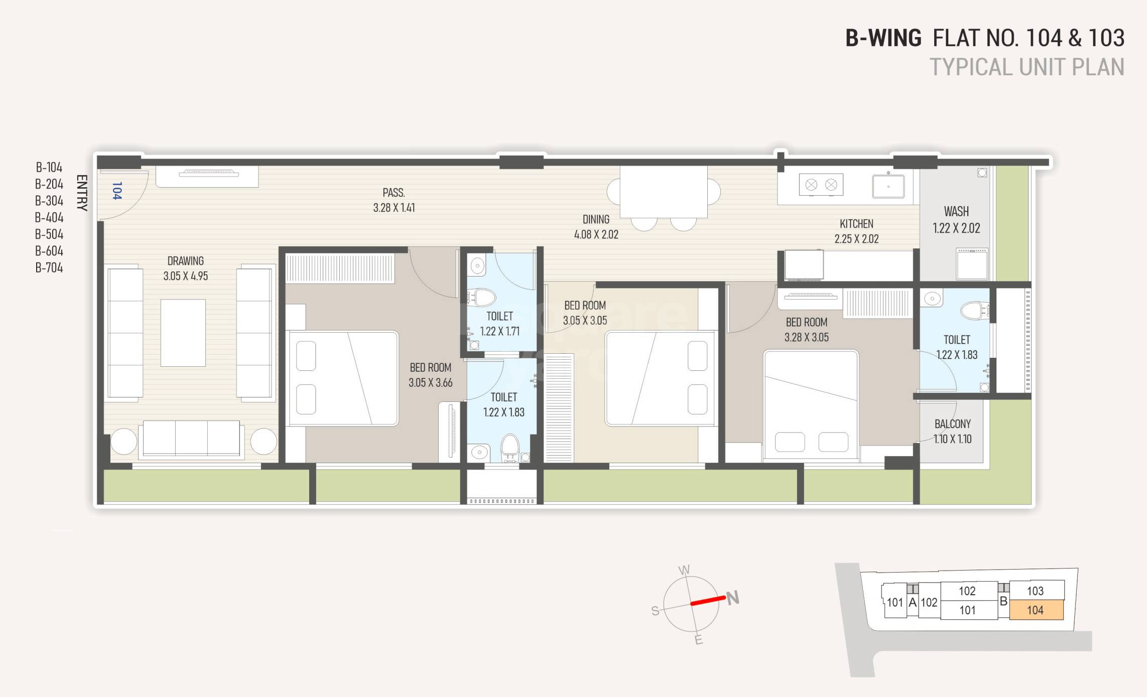 Floor plan of 3 BHK 855 Sq. Ft. Apartment in Shreeji Sampad Atul, Ahmedabad