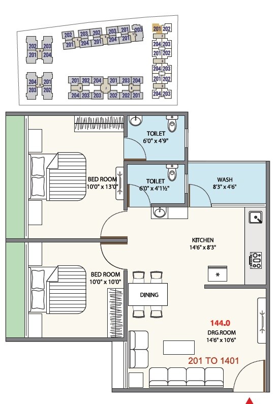 Floor plan of 2 BHK 1296 Sq. Ft. Apartment in Shreem Avdhesh, Ahmedabad