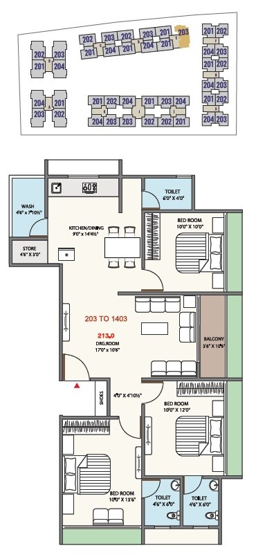 Floor plan of 3 BHK 1917 Sq. Ft. Apartment in Shreem Avdhesh, Ahmedabad