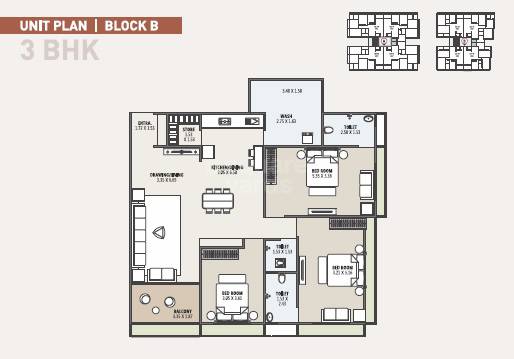 Floor plan of 3 BHK 1451 Sq. Ft. Apartment in Shreenath Shreeji Vihar, Ahmedabad