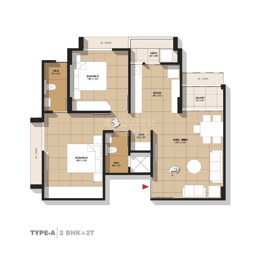 Floor plan of 2 BHK 1270 Sq. Ft. Apartment in Shri Ralsi Rivera, Ahmedabad