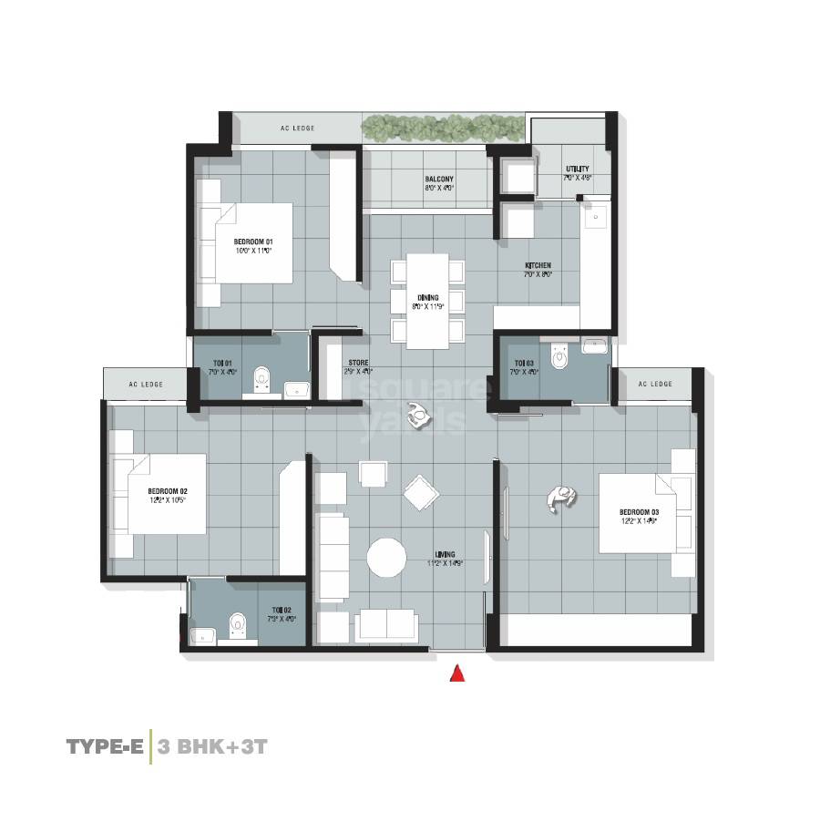 Floor plan of 3 BHK 1750 Sq. Ft. Apartment in Shri Ralsi Rivera, Ahmedabad