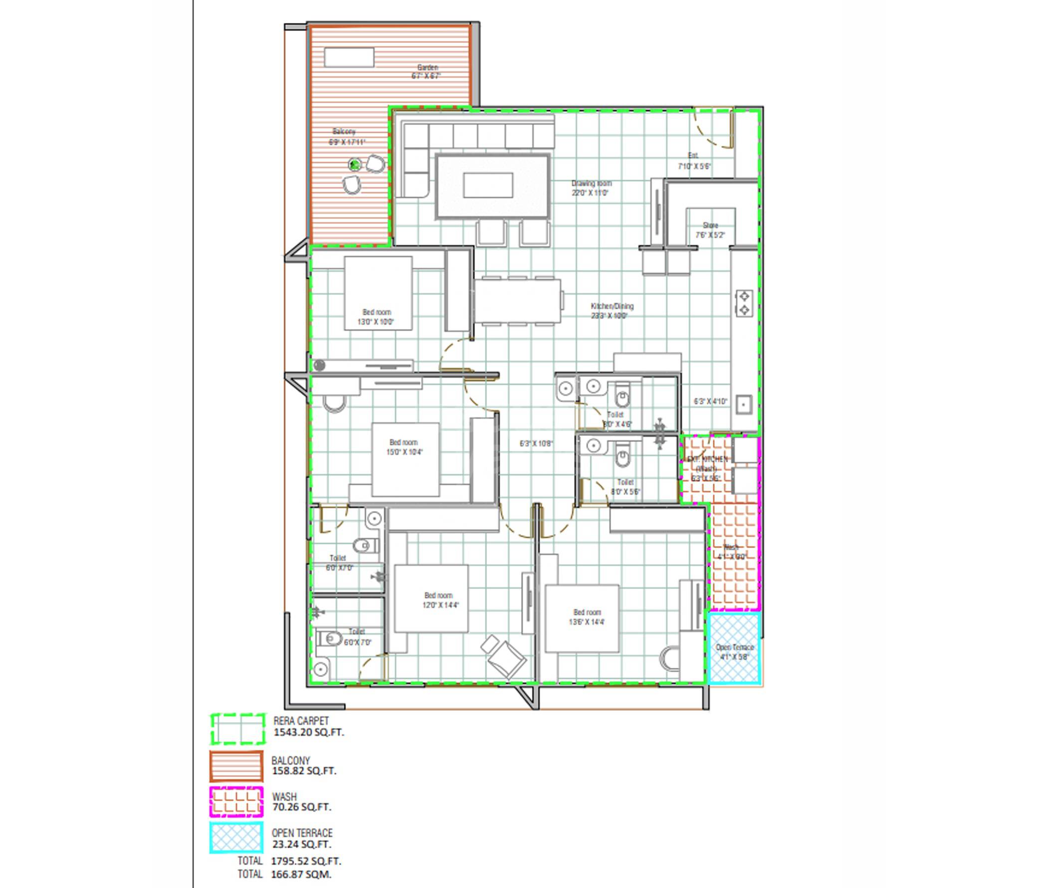Floor plan of 4 BHK 1543 Sq. Ft. Apartment in Shri Rewa, Ahmedabad