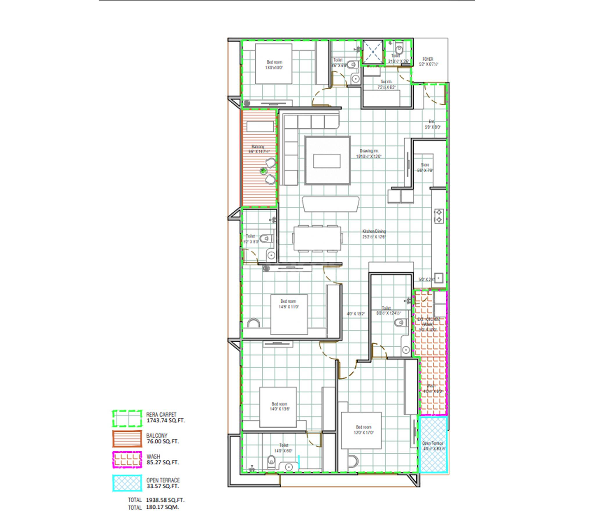 Floor plan of 4 BHK 1744 Sq. Ft. Apartment in Shri Rewa, Ahmedabad