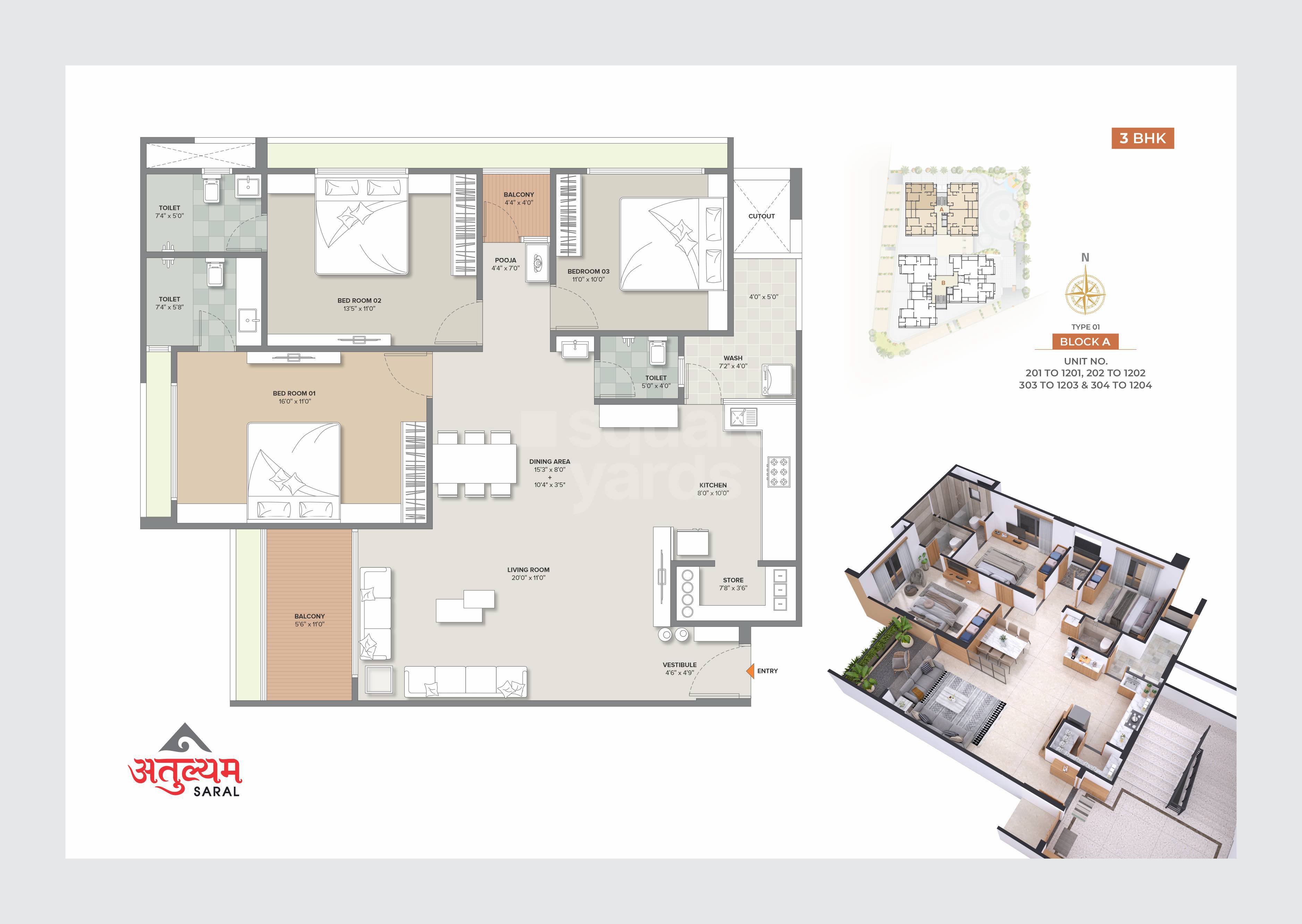 Floor plan of 3 BHK 2430 Sq. Ft. Apartment in Shubh Atulyam Saral, Ahmedabad