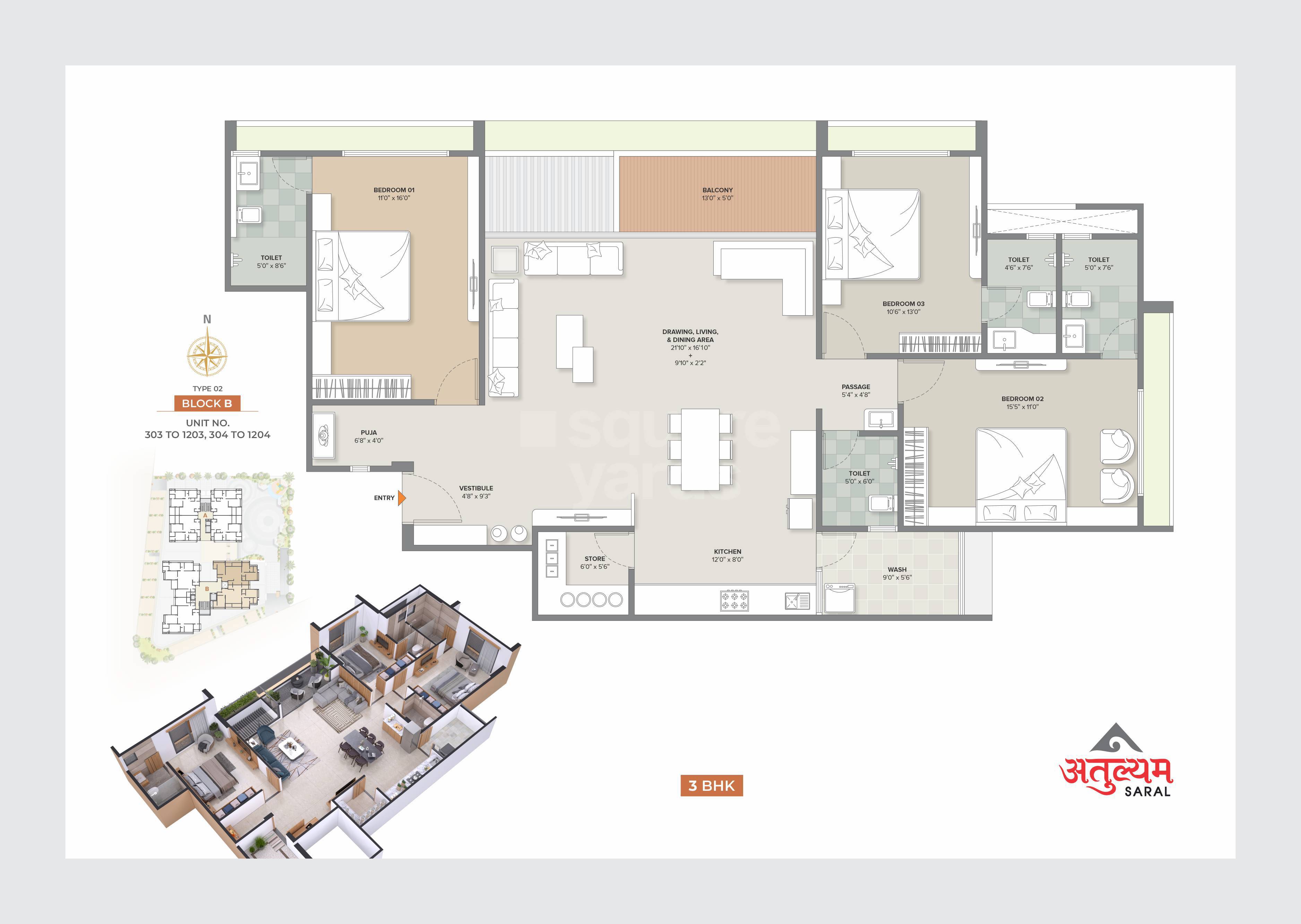 Floor plan of 3 BHK 2736 Sq. Ft. Apartment in Shubh Atulyam Saral, Ahmedabad