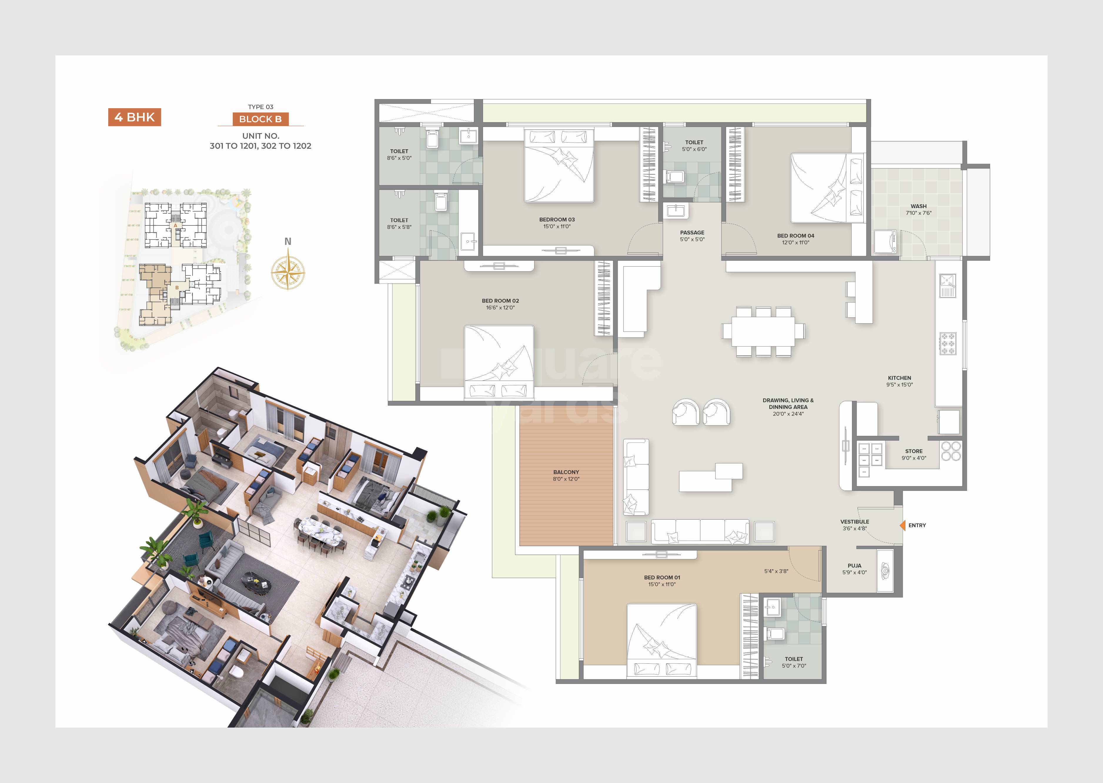 Floor plan of 4 BHK 3438 Sq. Ft. Apartment in Shubh Atulyam Saral, Ahmedabad