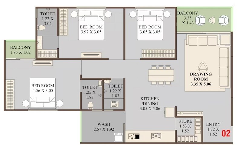 3 BHK 820 Sq. Ft. Apartment