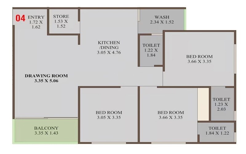 Floor plan of 3 BHK 953 Sq. Ft. Apartment in Shubh Labh Heights, Ahmedabad
