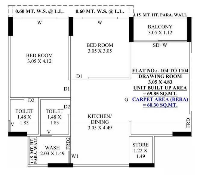 Floor plan of 2 BHK 649 Sq. Ft. Apartment in Shubh Radhika Sky, Ahmedabad