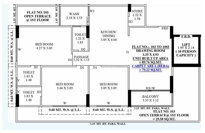 Floor plan of 3 BHK 853 Sq. Ft. Apartment in Shubh Radhika Sky, Ahmedabad