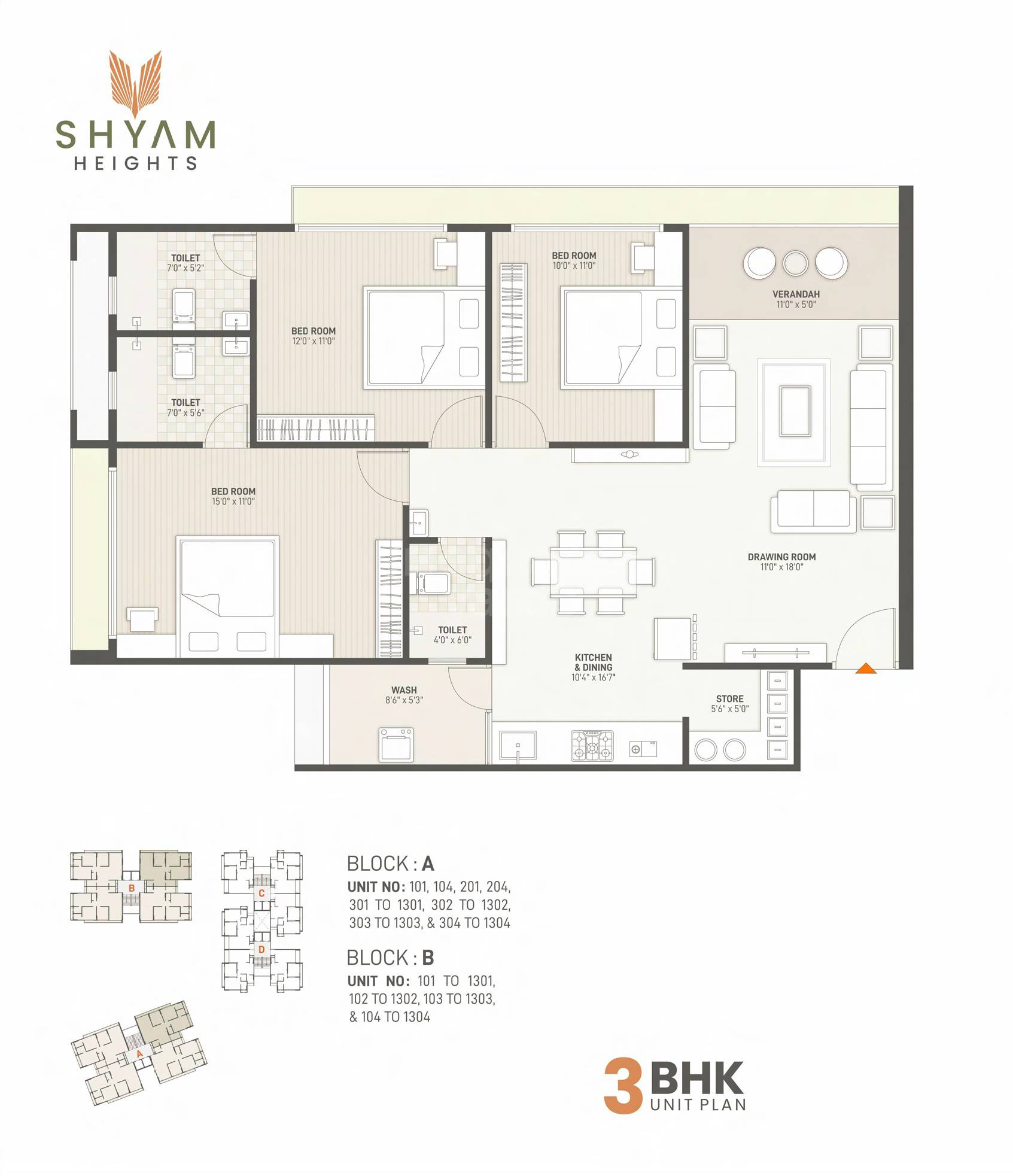 Floor plan of 3 BHK 2115 Sq. Ft. Apartment in Shyam Heights Apartments, Ahmedabad