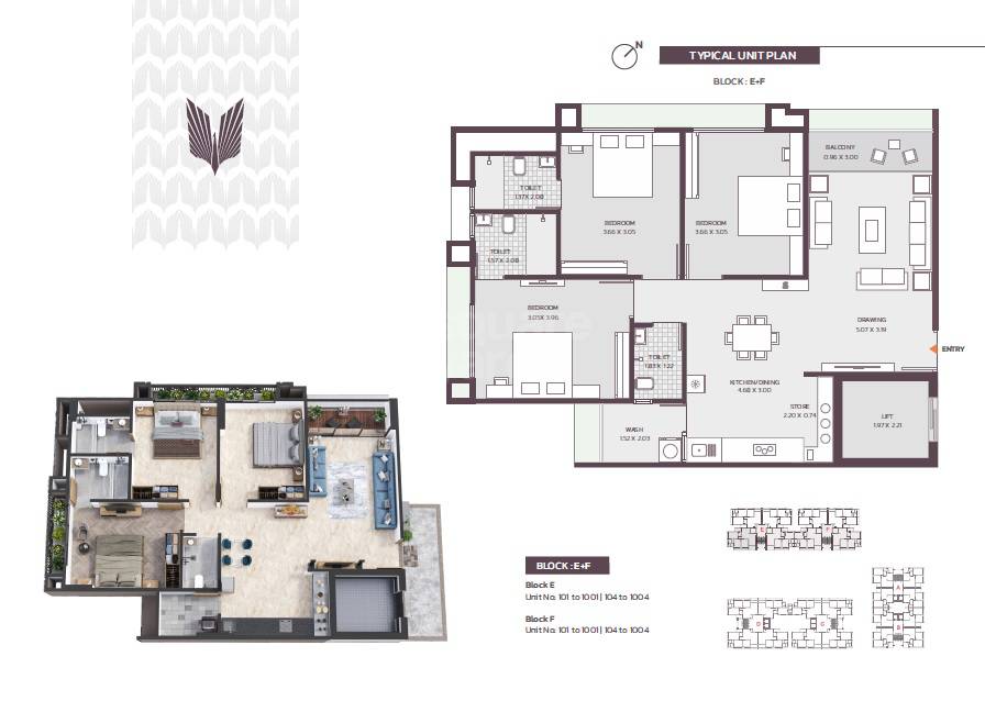 Floor plan of 3 BHK 965 Sq. Ft. Apartment in Shyam Upvan, Ahmedabad