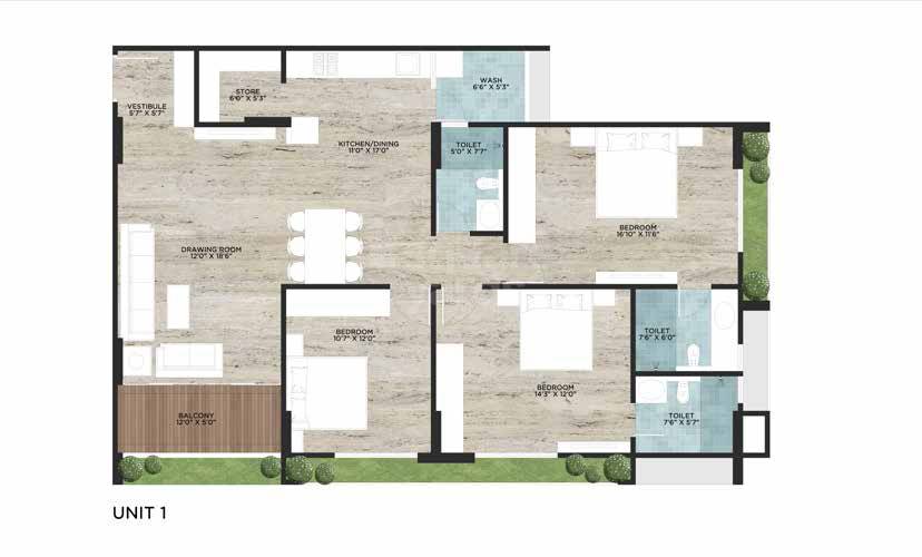 Floor plan of 3 BHK 1103 Sq. Ft. Apartment in Siddhi Aarohi Avinya, Ahmedabad