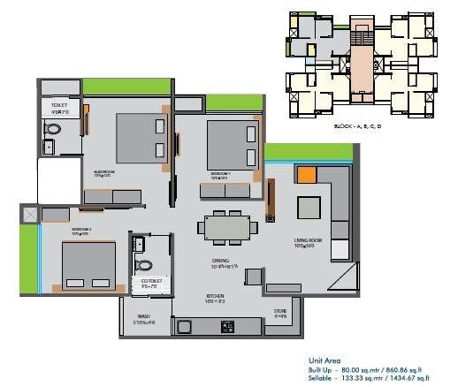 Floor plan of 3 BHK 1434 Sq. Ft. Apartment in Siddhi Aarohi Elysium, Ahmedabad