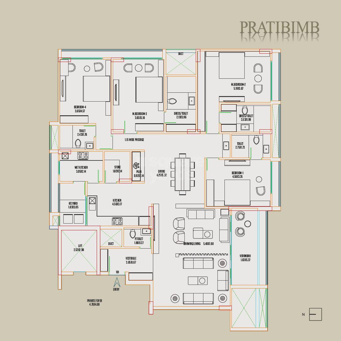 Floor plan of 4 BHK 2281 Sq. Ft. Apartment in Siddhi Pratibimb, Ahmedabad