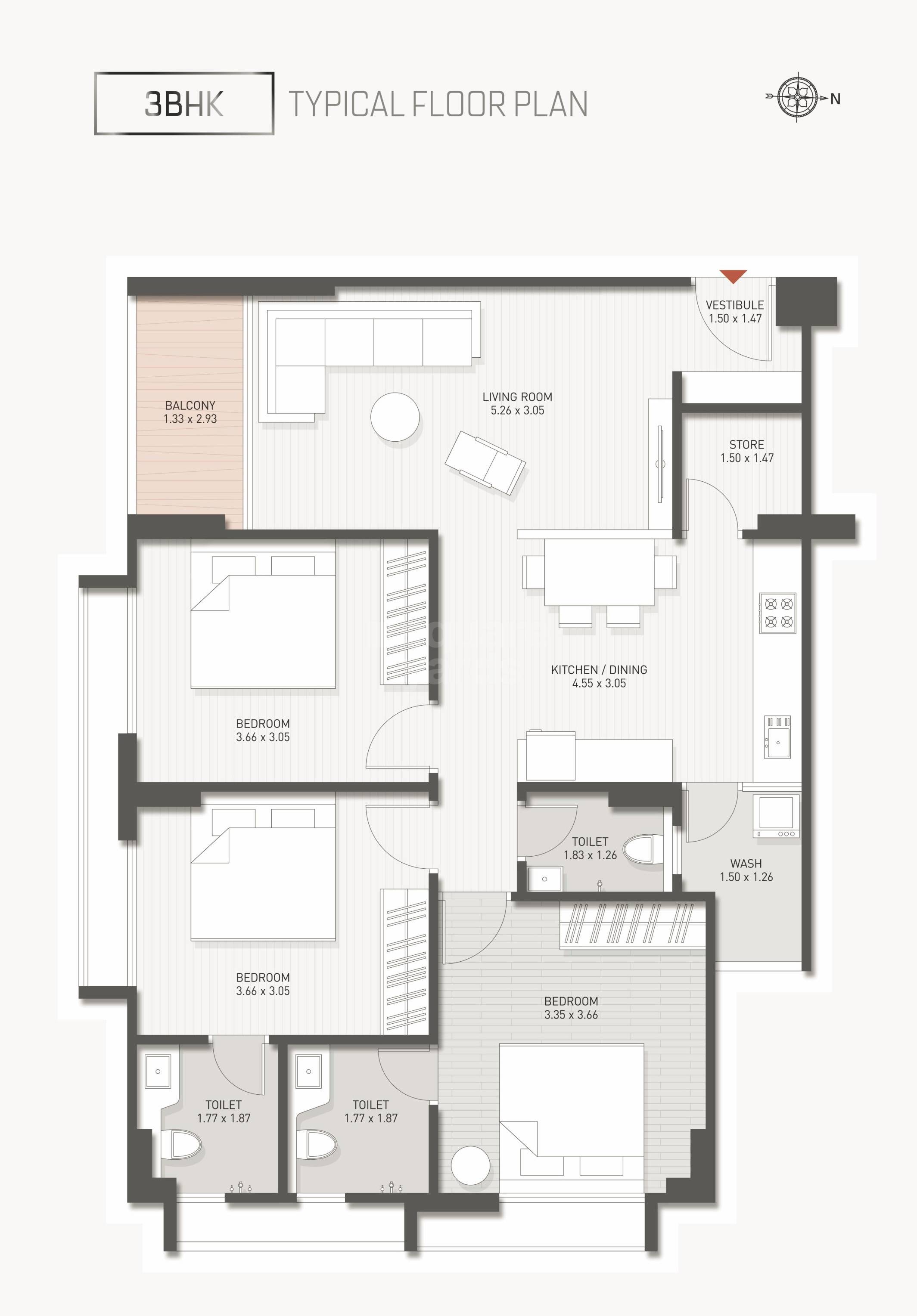 Floor plan of 3 BHK 1890 Sq. Ft. Apartment in Silver Coin, Ahmedabad