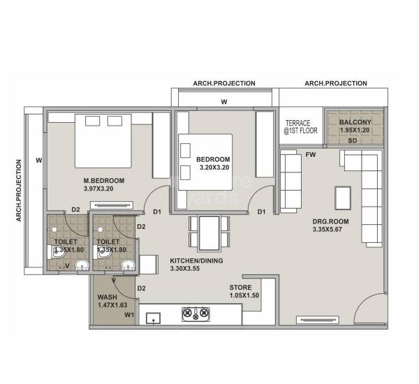 Floor plan of 2 BHK 730 Sq. Ft. Apartment in Sky Safa 42, Ahmedabad