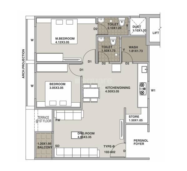 Floor plan of 2 BHK 740 Sq. Ft. Apartment in Sky Safa 42, Ahmedabad